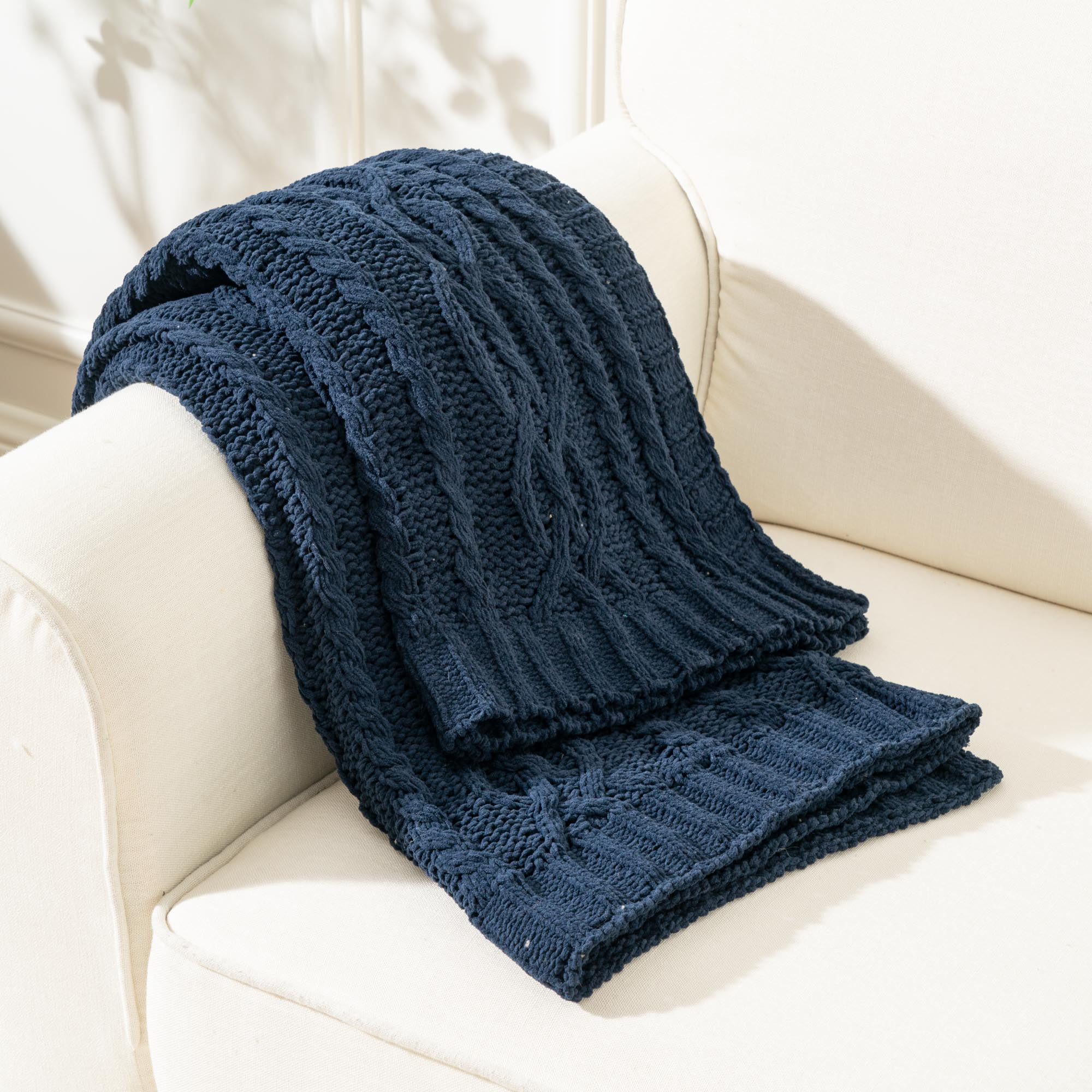 Promotional Vanilla Heather Cable Knit Chenille Blanket-Debossed