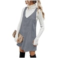 thumbnail image 2 of Autumn Winter Women V Neck Corduroy Overall Dress Casual Loose Mini Dress, 2 of 6