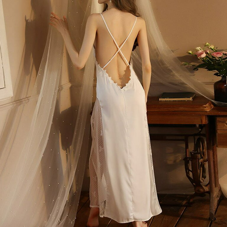 Satin Silk Slip Dress See Through Night Gown Satin Sleepwear Lace