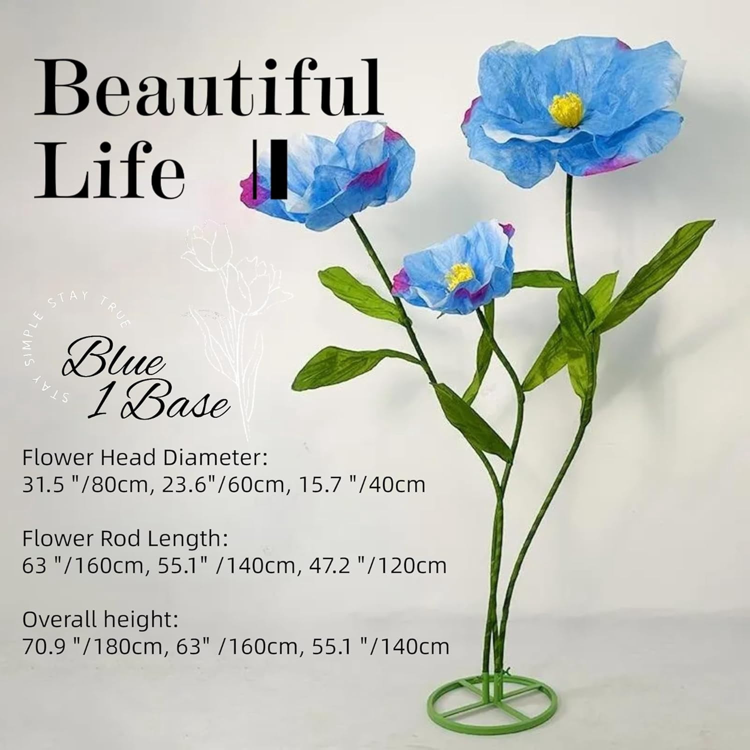 Louis Garden 5.9’ High 1-Base Silk Poppy Artificial Flower Backdrop Giant Flowers for Decoration, Blue