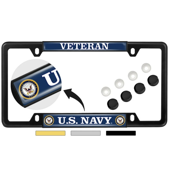 [Officially Licensed Product] - U.S. Navy Veteran with Eagle, Anchor Logo - Domed Custom-Made Personalized Narrow (Thin) Top 4 Hole Metal Car License Plate Frame with Free caps - Black (Qty:1 Frame)