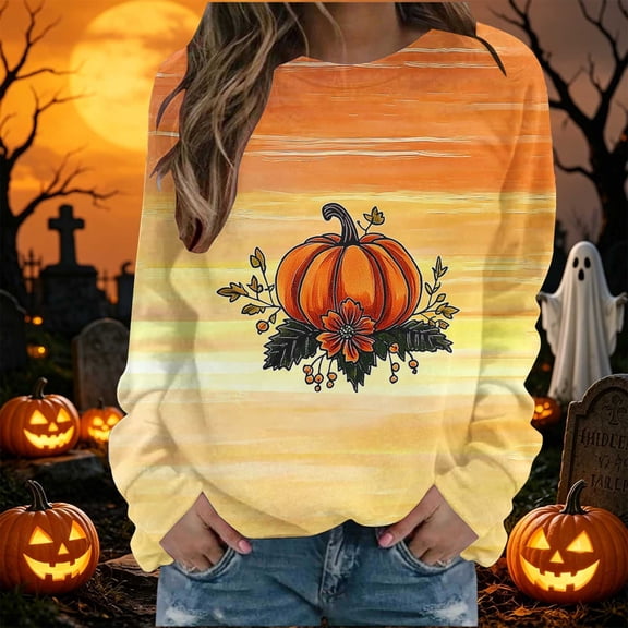 JOANKDMI Fall Sweatshirts for Women Floral Pumpkin Graphic Print Long Sleeve Pullover Tops Casual Crewneck Autumn Clothes Thanksgiving Shirts Vintage Aesthetic Apparel
