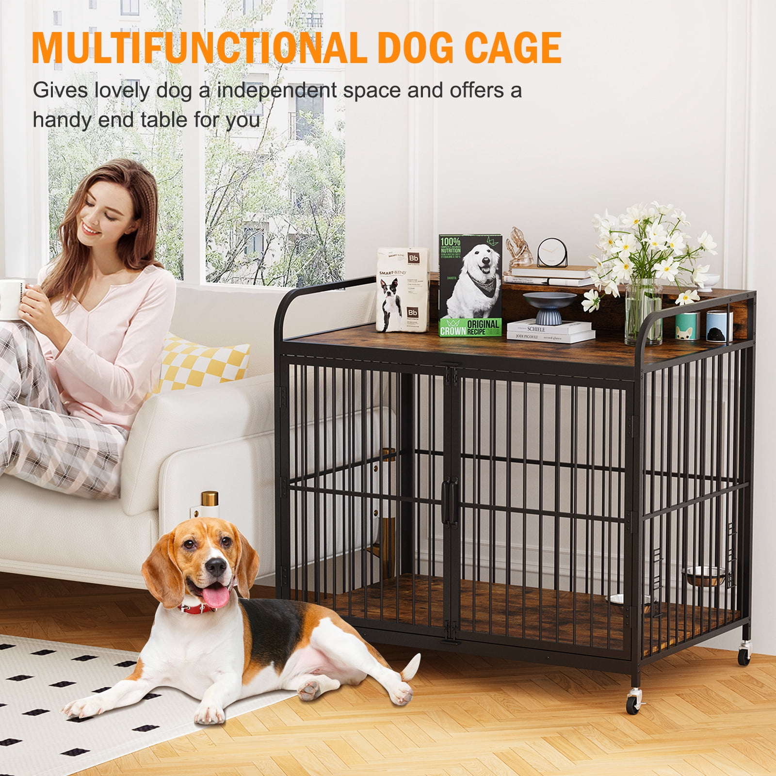 Aoile Dog Crates for Medium Dogs, Heavy Duty Dog Crate with Adjustable Height Feeder, Dog Cage Furniture with 360Â° Wheels, Rustic Brown