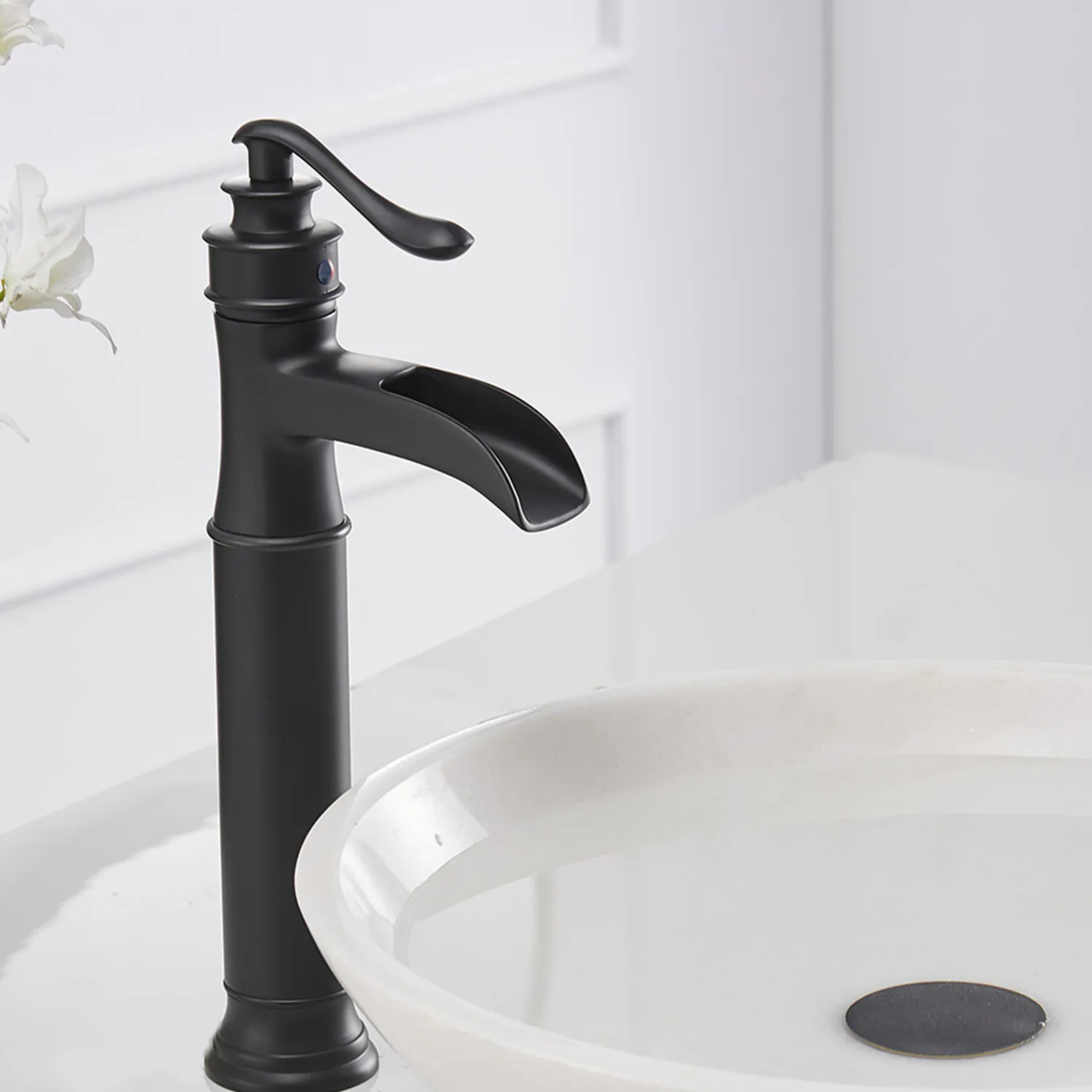 BWE Matte Black Waterfall Commercial Single Handle One Hole Bathroom Vessel Sink Faucet Deck Mount
