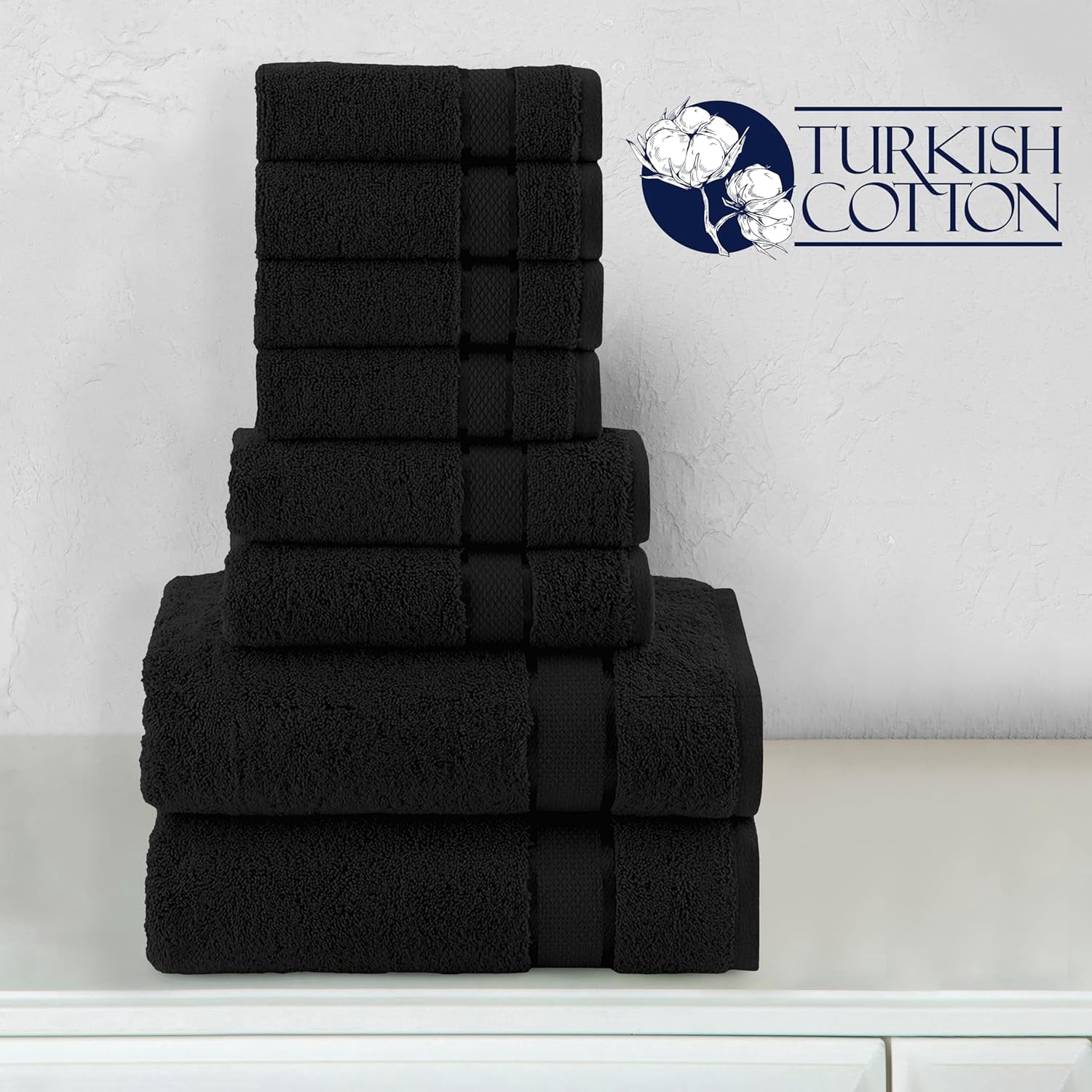 Cotton 8-Piece Towel Set, Includes 4 Washcloths, 2 Hand Towels and 2 Bath Towels, 100% Turkish Cotton - Highly Absorbent and Super Soft Towels for Bathroom, Black