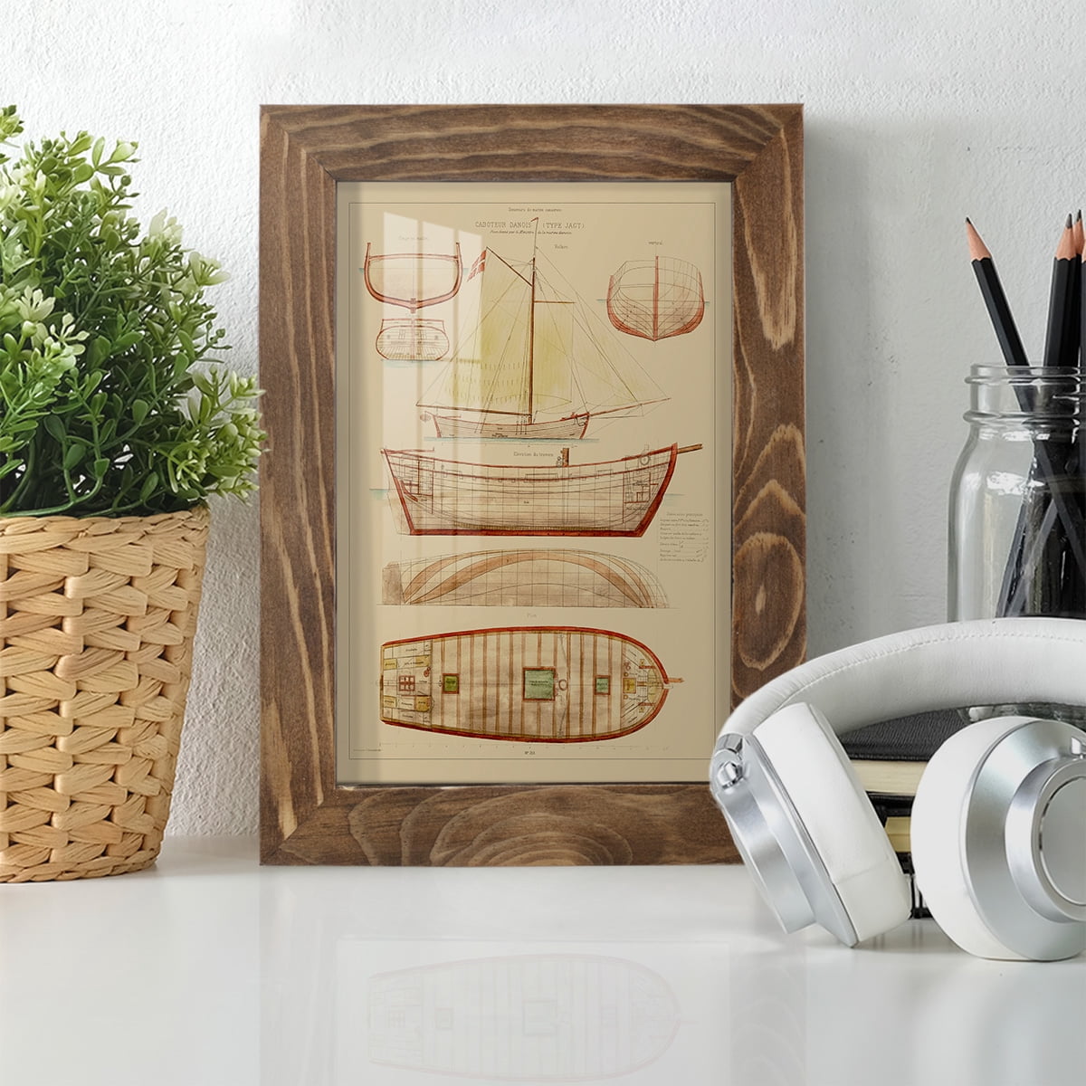 Antique Ship Plan III -Framed Print w/glass-Walnut