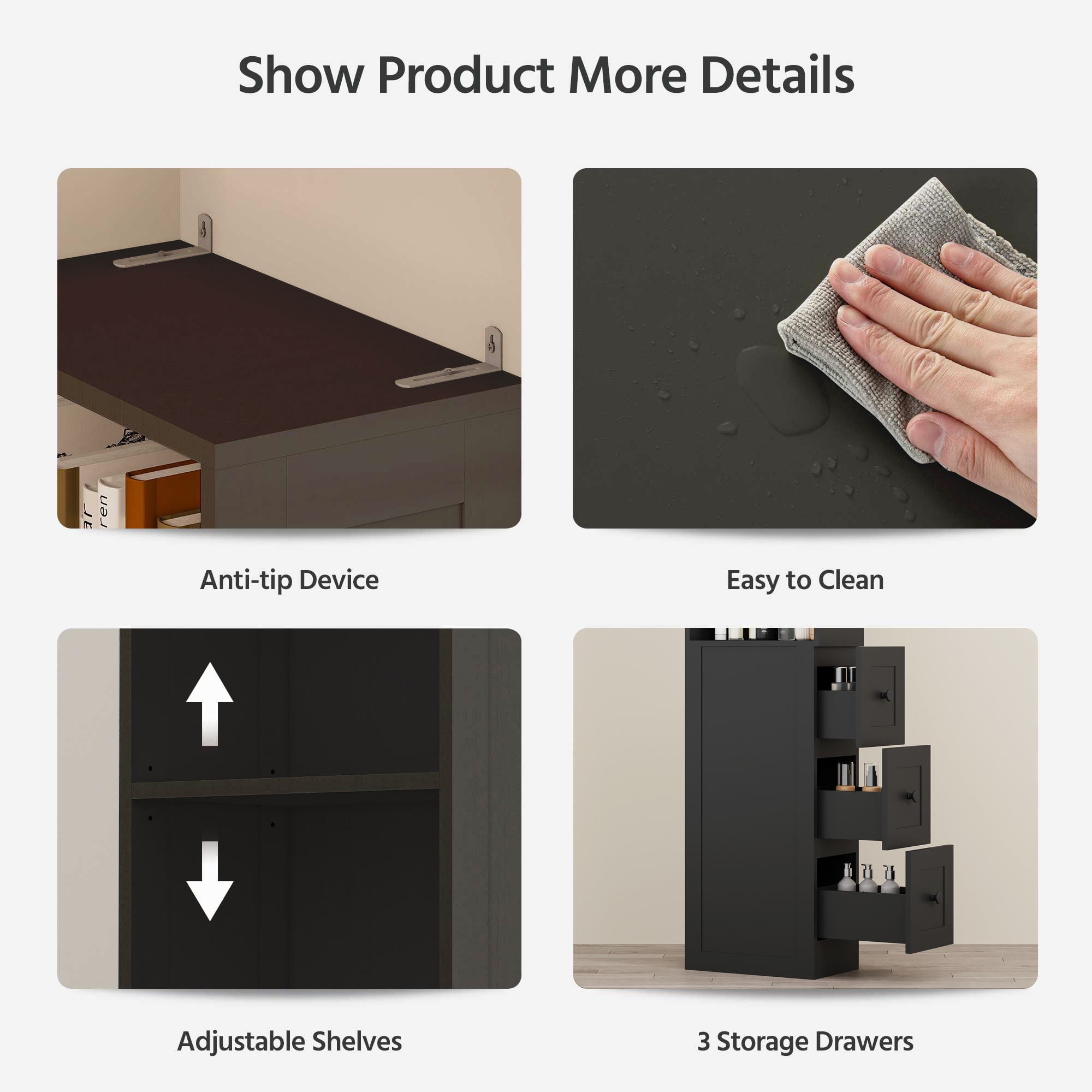 KAMEROUT Tall Slim Storage Cabinet with 2 Adjustable Shelves & 3-level Drawers for Bathroom, Kitchen, Black