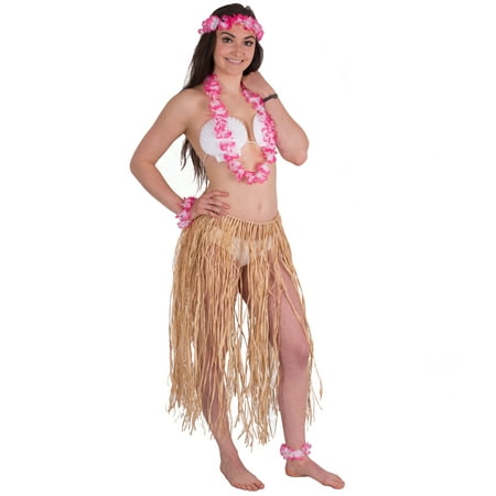 Sea Shell Bra Natural Raffia Womens Luau 6pc Hula Costume, One-Size 31-36