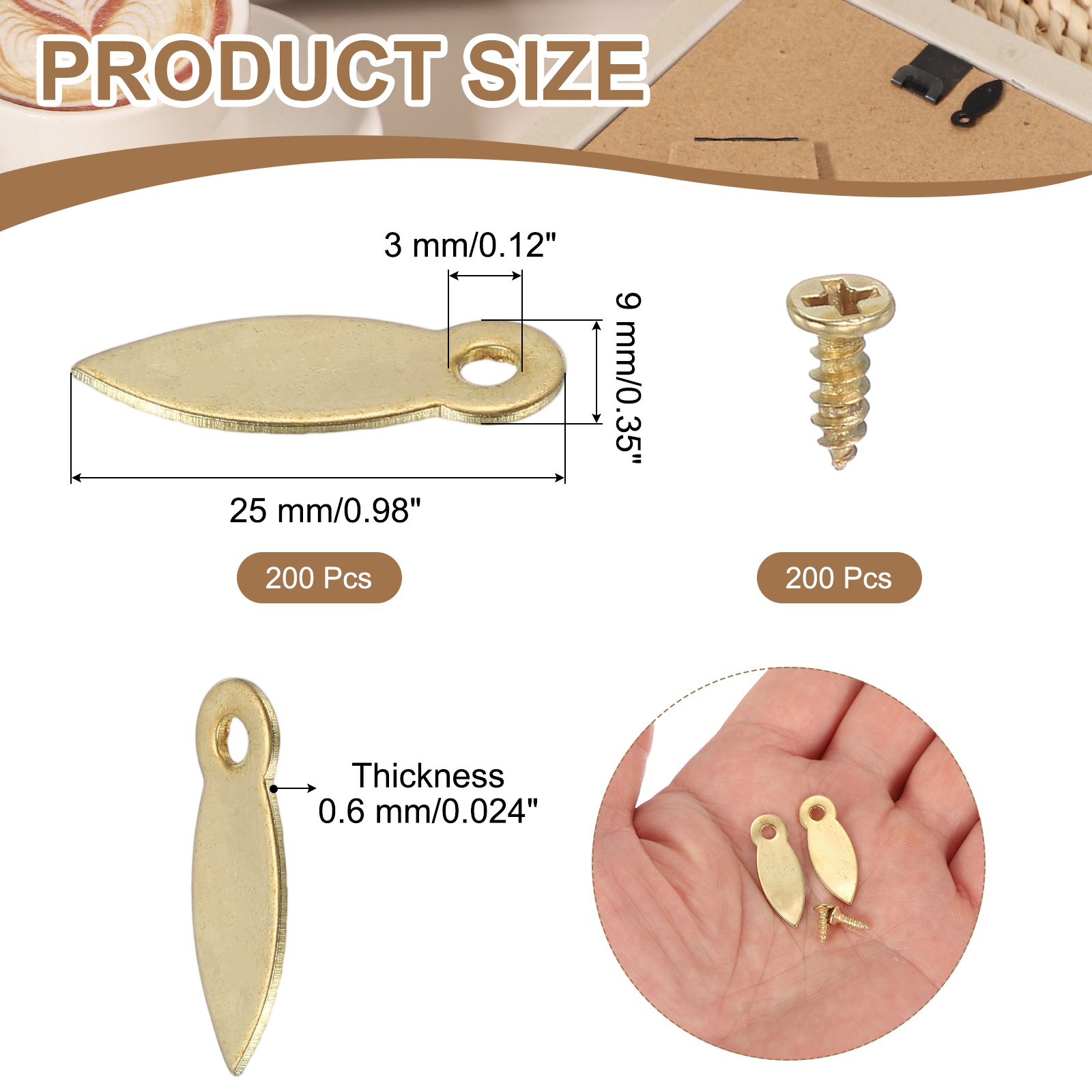 200pcs Picture Frame Backing Clips, 0.98" Photo Frame Turn Buttons Fasteners Hardware Corner Clip with 200pcs Screw for Hanging Pictures Craft Drawings, Melon-seed Shaped Gold
