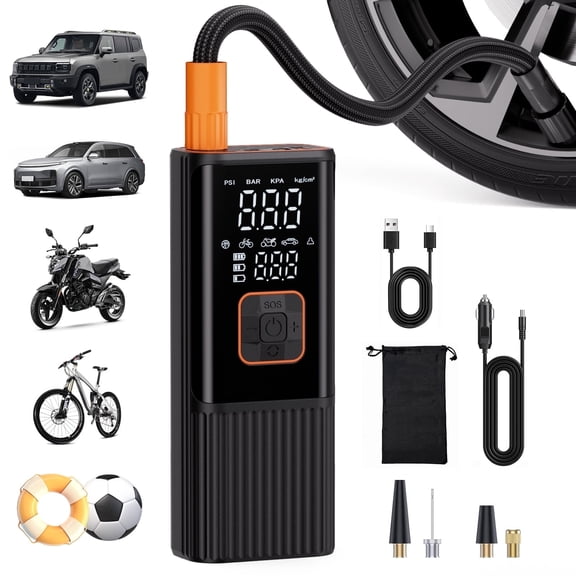 Cordless Tire Inflator, 180PSI Portable Air Compressor with 12V DC, Inflate Bicycle Pump, Electric Tire Pump for Car, Bike, Motorcycle, Balls