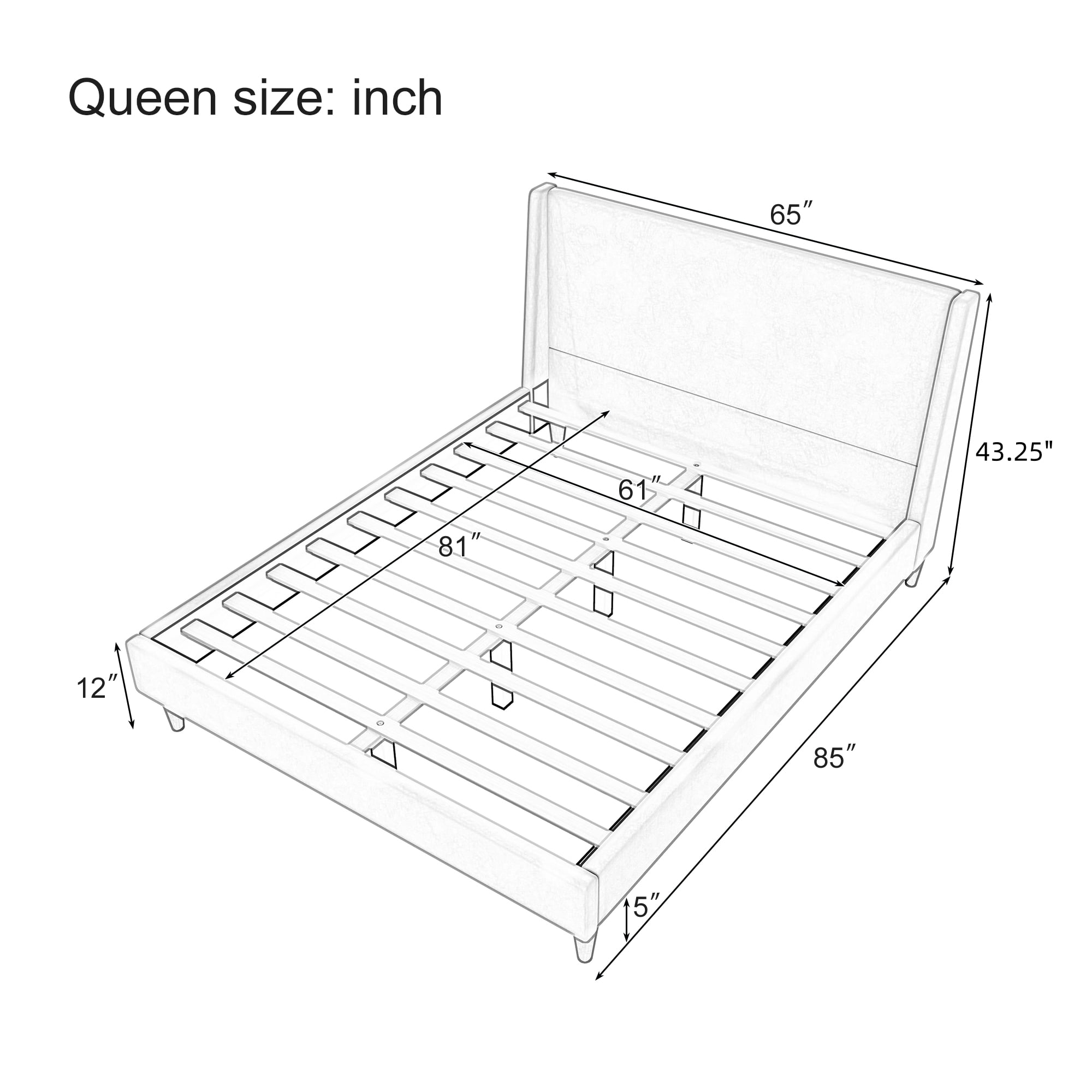 Euroco Modern Queen Size Boucle Upholstered Platform Bed with Wingback Headboard and Wooden Legs