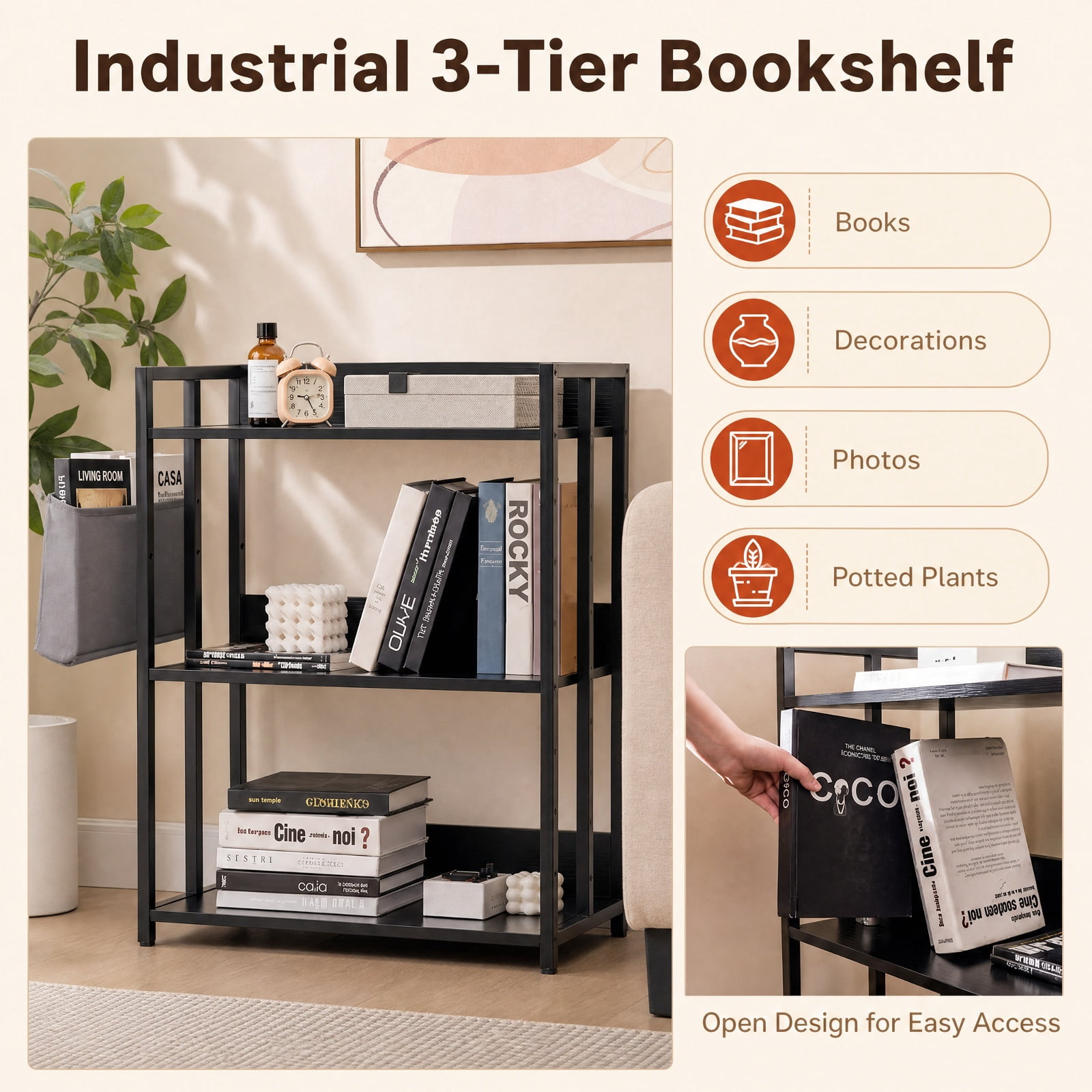 Furnibear 3-Tier Corner Bookshelf with Adjustable Shelves and Anti-Toppling Device for Study for Living Room Home Office Bedroom Display, Black