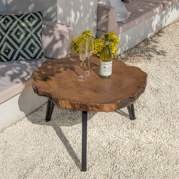 COSIEST Outdoor&Indoor Faux Wood Tree-Slice Round Concrete Side Table with Metal Legs