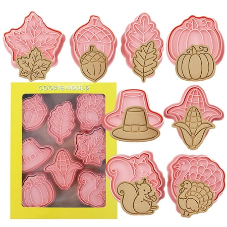 

Fall Cookie Cutters | DIY Cartoon Biscuit Baking Mold | 8 Piece Biscuit Fondant Moulds Including Turkey Pumpkin Squirrel Hat Acorn Corn Maple Leaves Biscuit Baking Mold