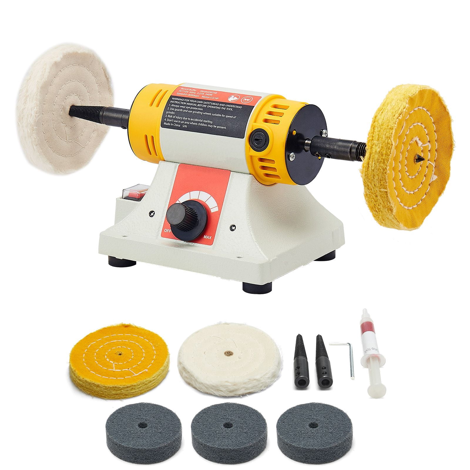 Bench Buffer Polisher 1/2 horsepower, 0-8000 RPM Bench Top, w/ 2x4" Cotton & 3x3" Abrasive Wheels, Compound for Metal/Jewelry/Wood