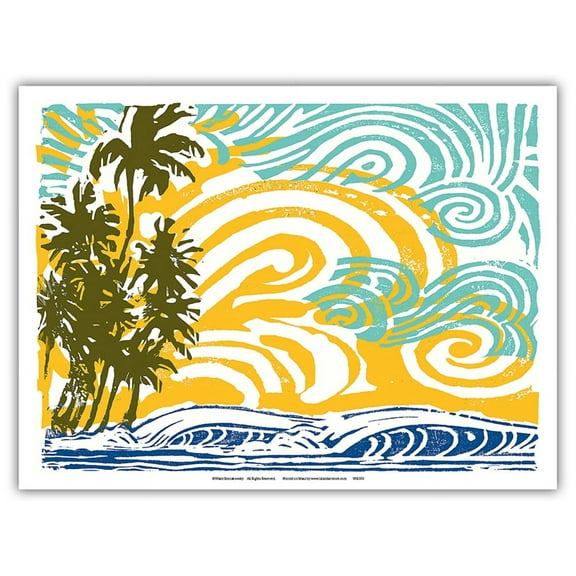 Aloha Hawaii - Palm Trees and Waves - Vintage Hawaiian Woodblock Print by Wade Koniakowsky - Master Art Print (Unframed) 9in x 12in