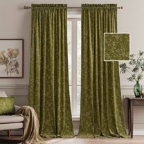 NICETOWN Velvet Curtains for Bedroom, Print Floral Curtains Thermal Insulated Rod Pocket Room Darkening Drapes, Olive Green, 52"x108", 2 Panels