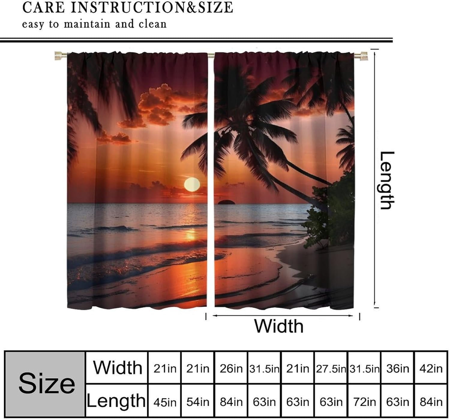 Beach Sunset Curtains for Kitchen, Summer Ocean Palm Tree Tropical Desert Island Orange Sunset Scenery Blackout Window Drapes for Bedroom Living Room, 84" W X 84" L