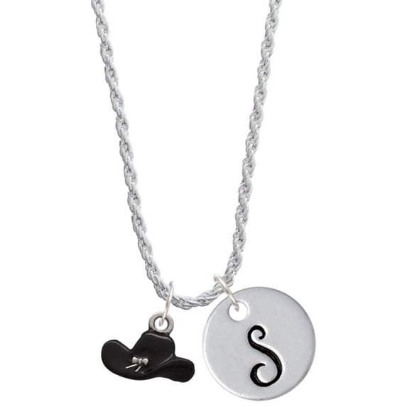 Delight Jewelry Silvertone Black Cowboy Hat Silvertone Script Initial Disc - S - Charm Necklace, 20"+3"