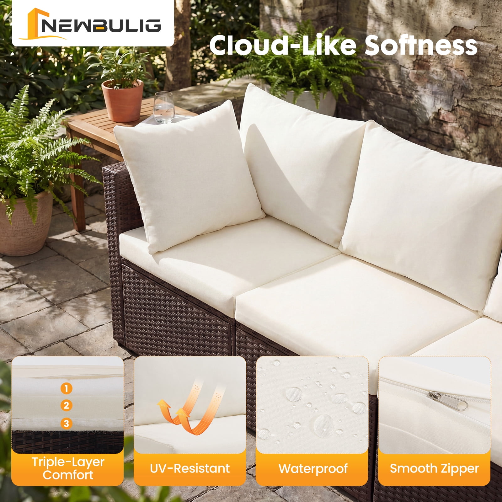 SHOUFTW 7 Piece Patio Furniture Set, Outdoor Wicker Sectional Sofa with Cushions and Glass Table, Brown and Beige