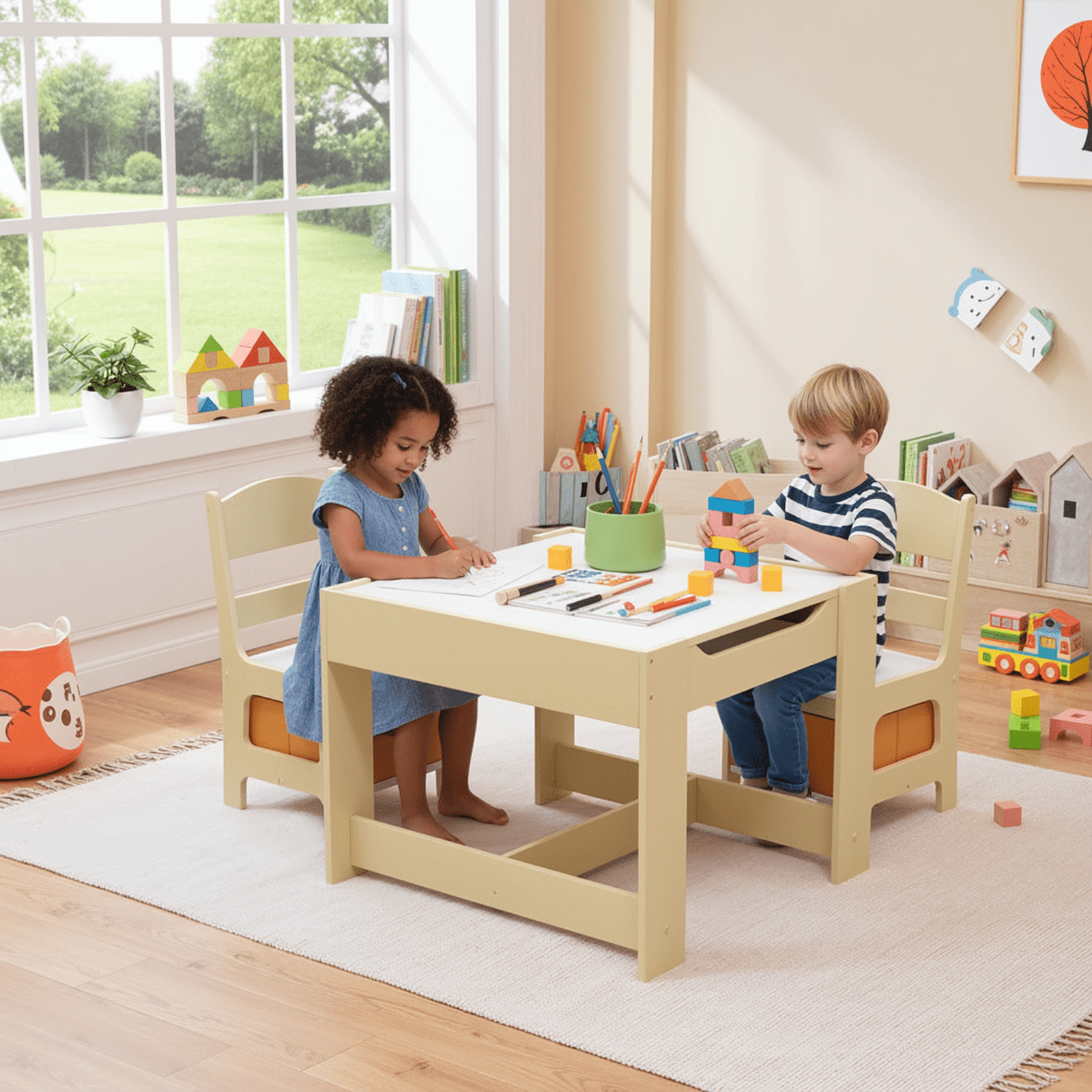 TLSUNNY Kids Table and 2 Chairs, 4-in-1 Toddler Activity Set with Blackboard, Reversible Desk & Storage Organization, for Age 3 +
