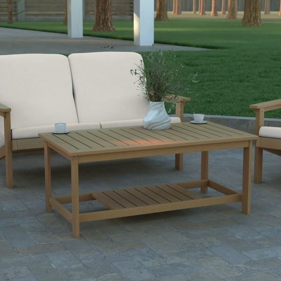 Emma   Oliver All-Weather Polyresin Two Tiered Adirondack Style Coffee Table in Natural Cedar Finish with Slatted Top