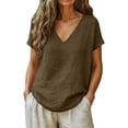 thumbnail image 2 of Linen T Shirts For Women Summer Blouses For Women Linen Clothing For Women Loose Fit Tee Shirt Women V Neck Flowy Tops For Women Peasant Blouse Womens Summer Tops Summer Linen Tops Coffee L, 2 of 8