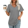 thumbnail image 2 of Olyvenn Womens Eyelet T Shirts V Neck Short Sleeve Casual Tops Summer Fashion Loose Fit Basic Tees with Curved Hem Gray XL, 2 of 5