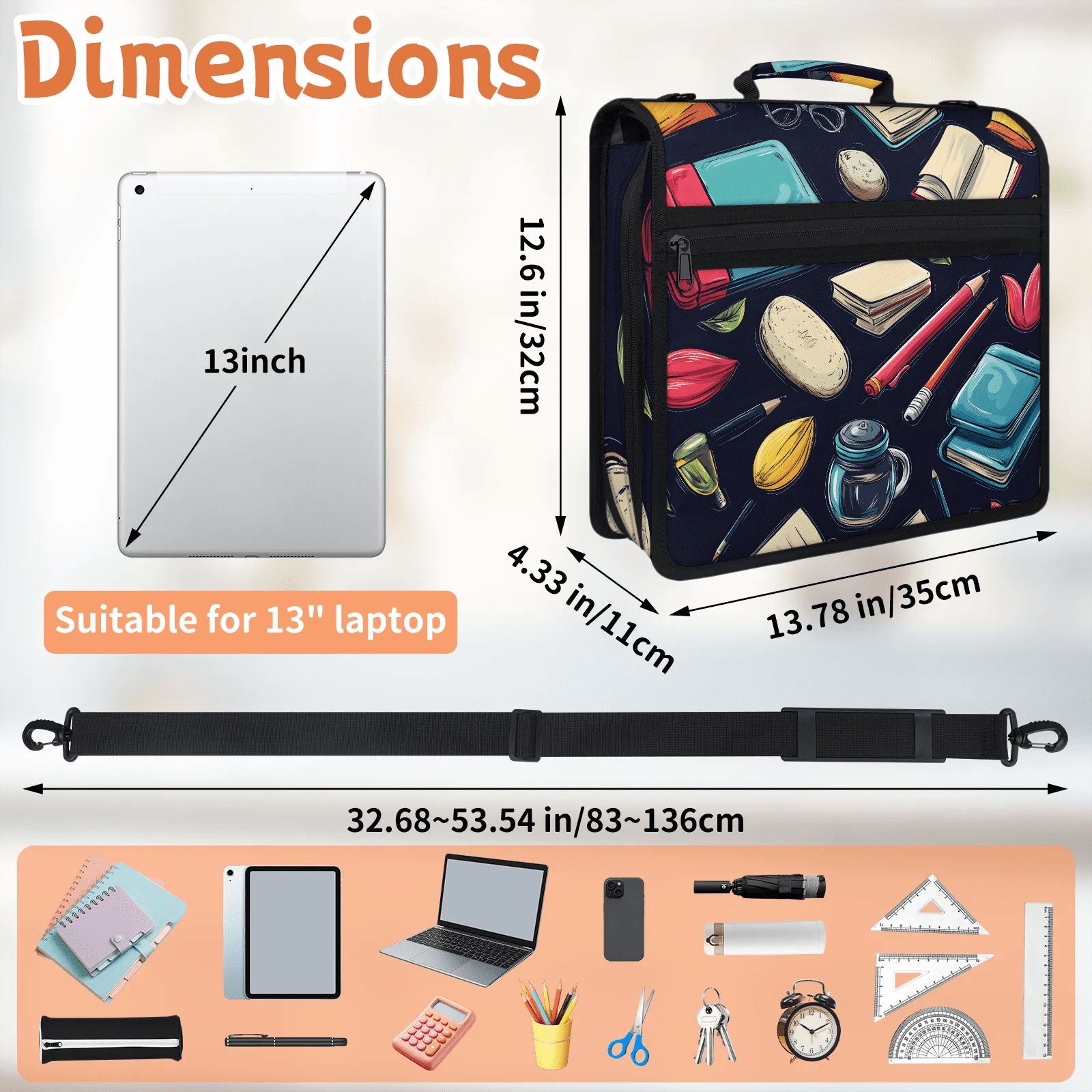 Water-Resistant Zipper Binder with 2 Expandable File Pockets and Detachable Strap, 3 Ring A4 Organizer for Students and Teachers, 13.78x12.6 Inches