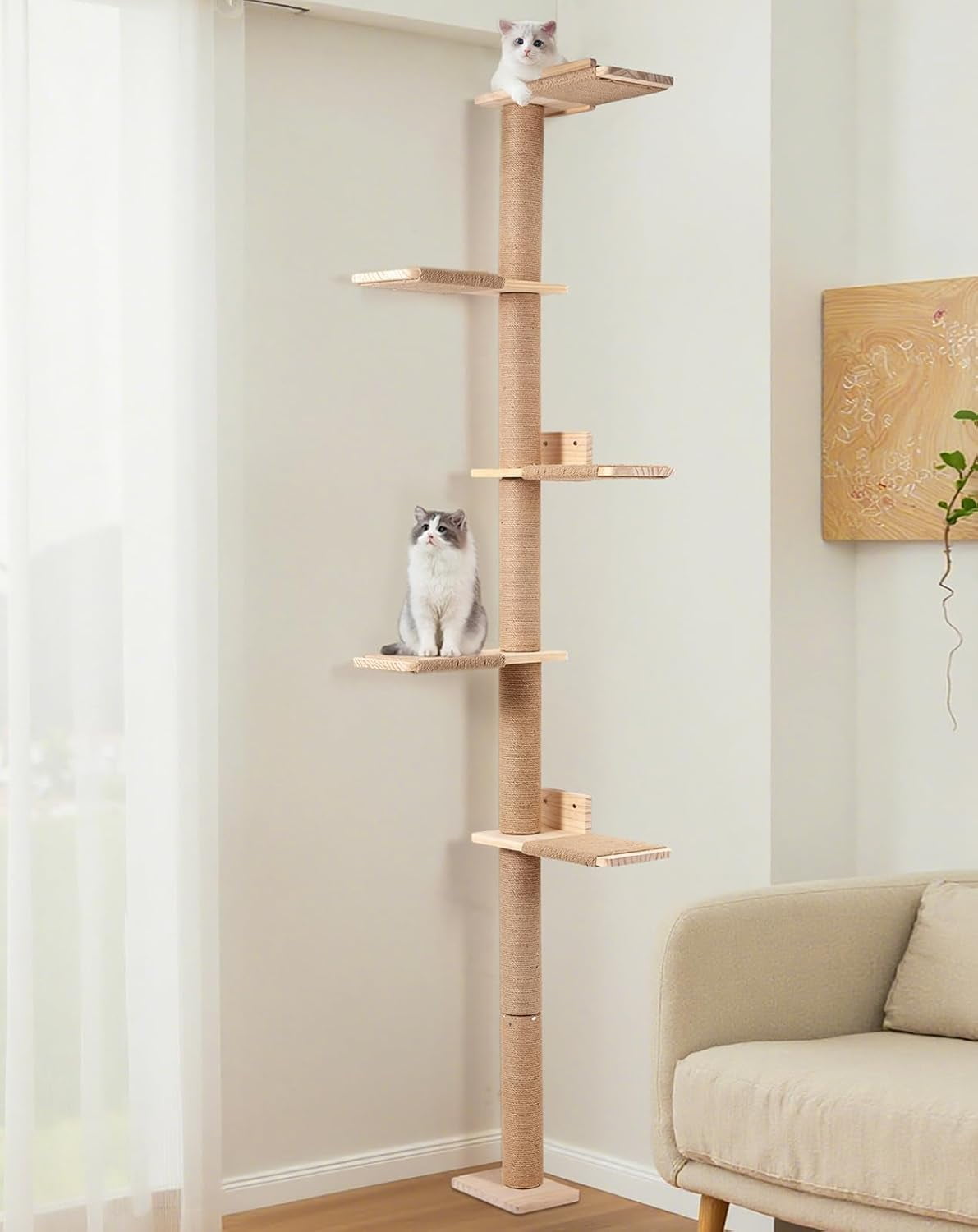 Tall Cat Tree for Wall 83.9inch, Wood Cat Wall Shelves for Kittens, Wall-Mounted Cat Tower with Scratching Post for Play, Climb & Scratching, 5 Tier Platforms