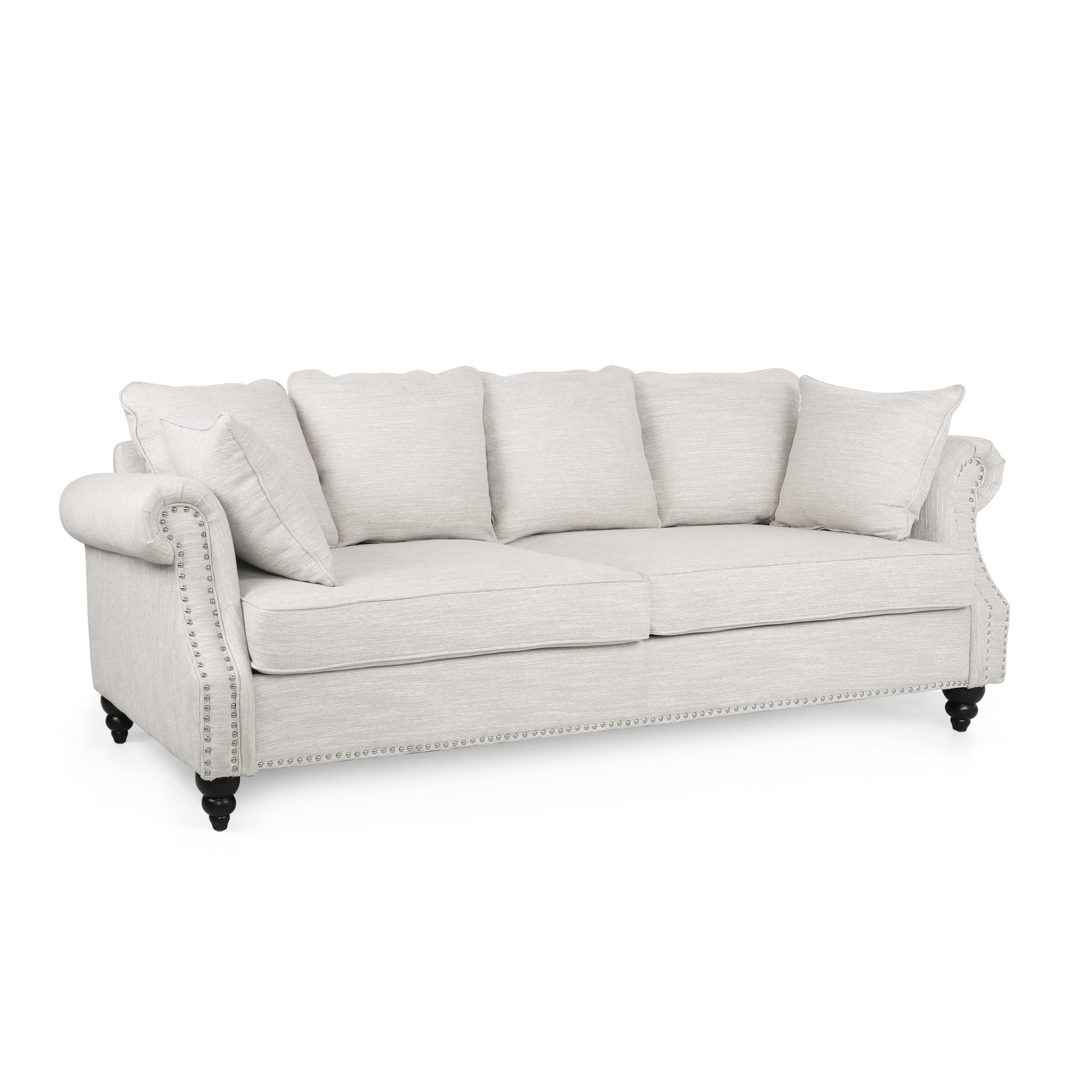 Noble House Viewland Fabric Pillowback 3 Seater Sofa with Nailhead Trim, Beige and Dark Brown