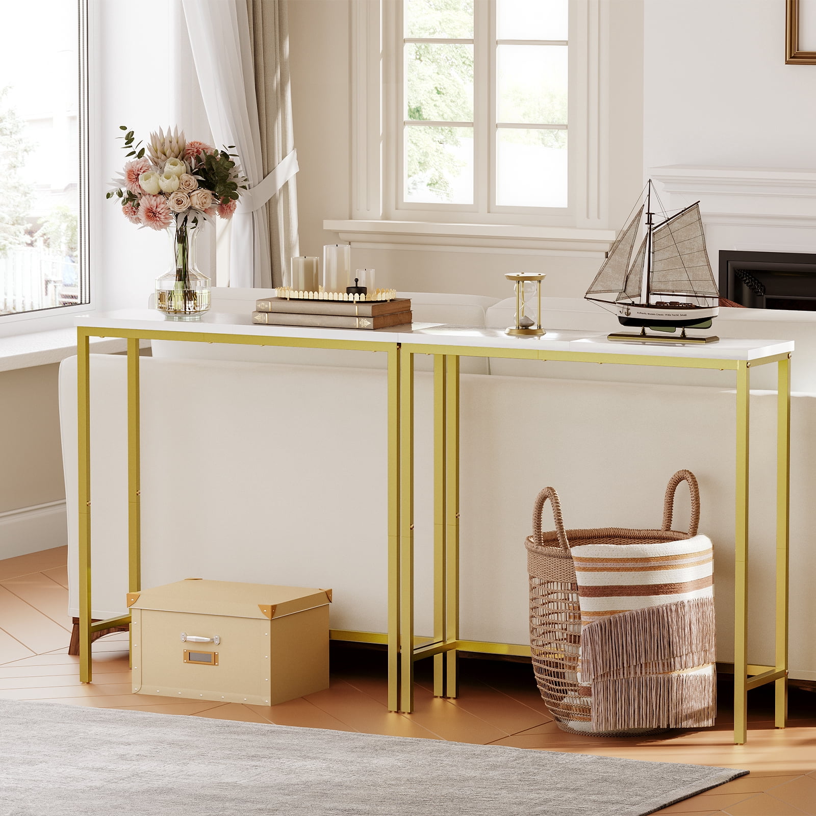 HOOBRO Narrow Console Table, 29.5" Small Entryway Table, Thin Sofa Table, Side Table, Display Table, for Hallway, Bedroom, Living Room, Foyer, White and Gold DW75XG01