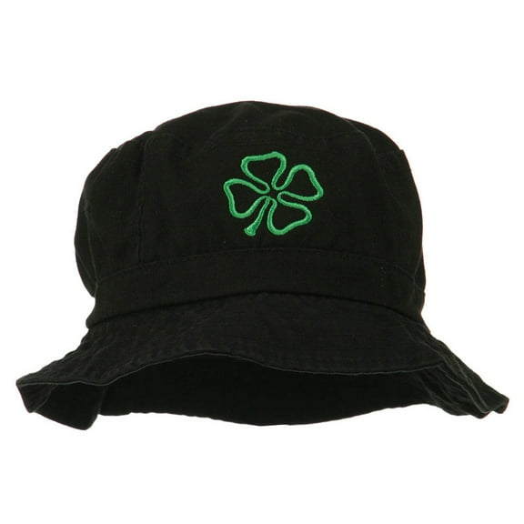 Saint Patrick's Four Leaf Clover Embroidered Bucket Hat - Black OSFM