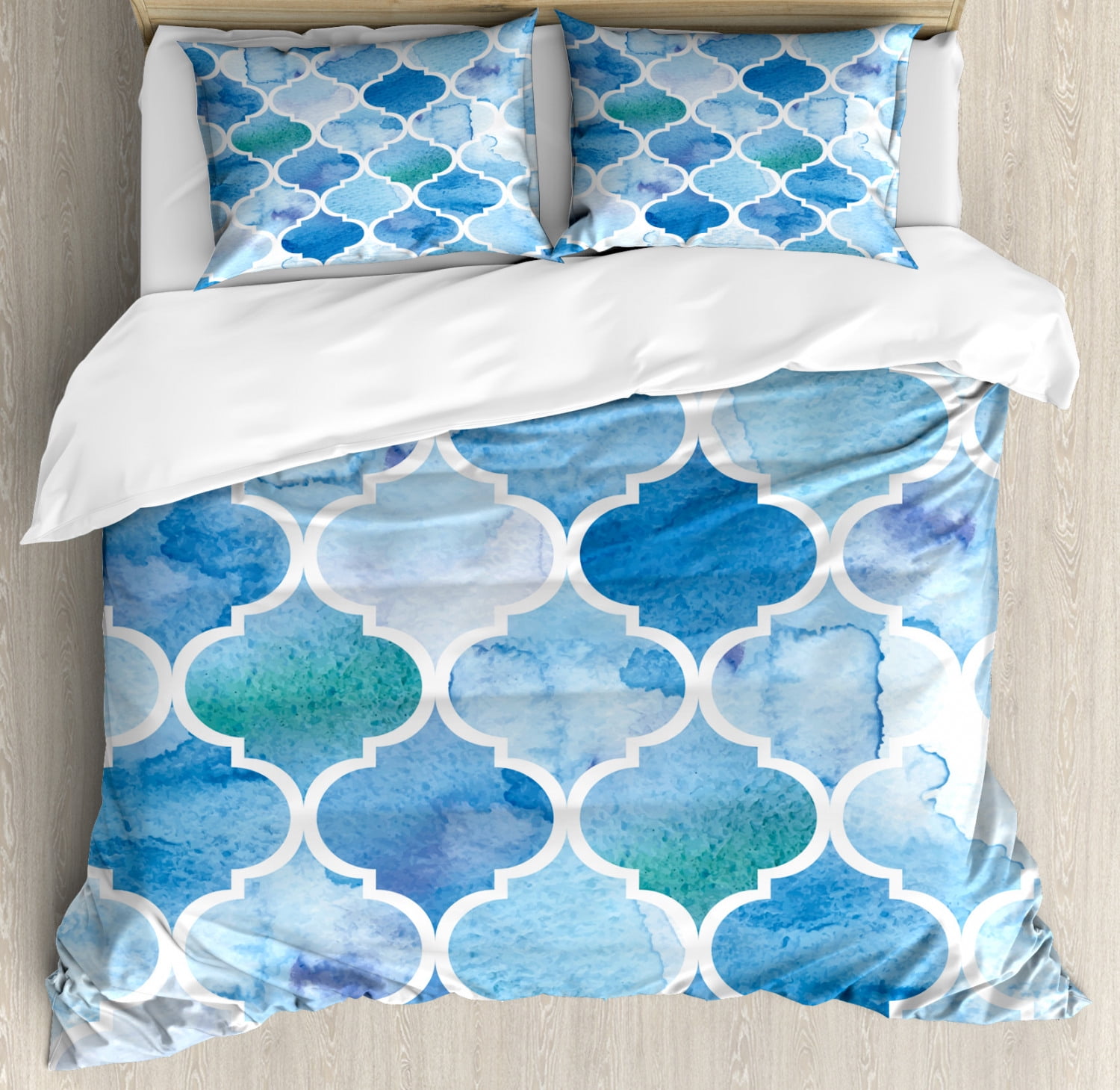 Watercolor Duvet Cover Set King Size, Abstract Moroccan Trellis