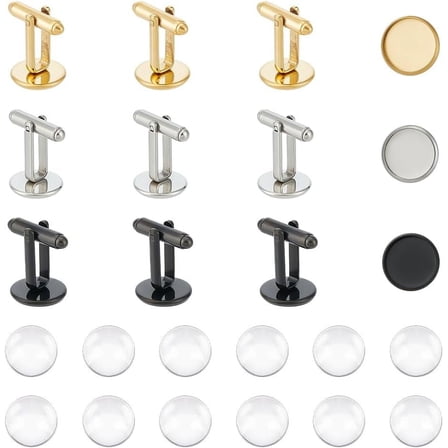 3 Colors 12 Sets 12mm Blank Dome Cufflinks Making Kit 304 Stainless Steel Golden Cuff Button Round Cabochons Tray Bezel Cufflink Blanks for Apparel Clothes Buttons Making DIY