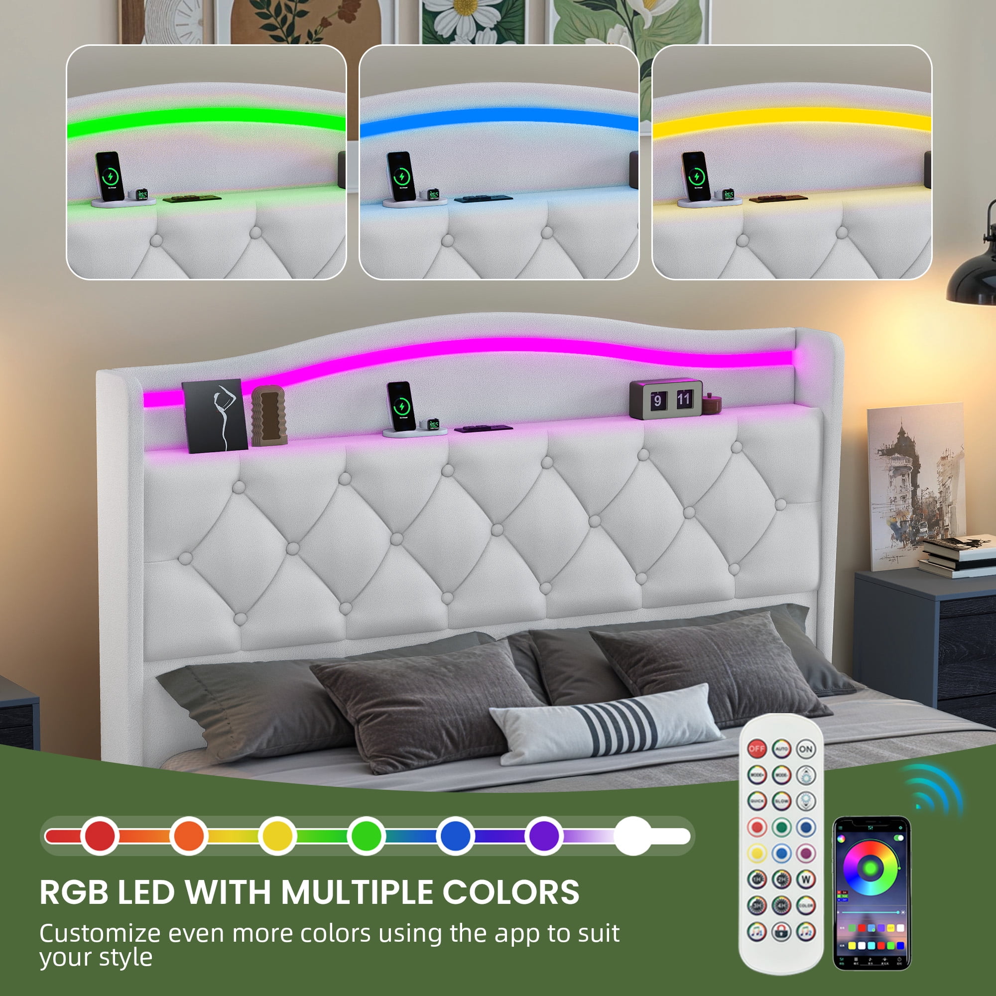Uforic Queen Size Velvet Upholstered Bed Frame with RGB LED Ambient Light, Built-in Charging Station, No Box Spring Required, White