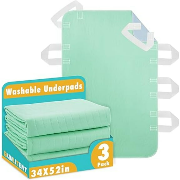 Bunlitent Incontinence Washable Bed Pads with 8 Sturdy Handles, 34”×52”,3 Pack, Mattress Protection, Reusable Underpads