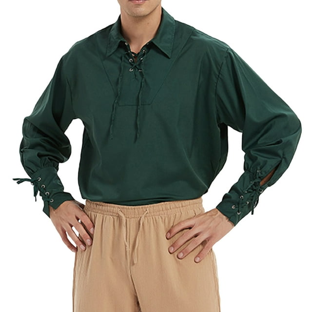 TIMIFIS Men's Gothic Renaissance Ruffle Front Pirate Shirt, Vintage Medieval Bandage Long Sleeve Cosplay Clothing-GreenFall