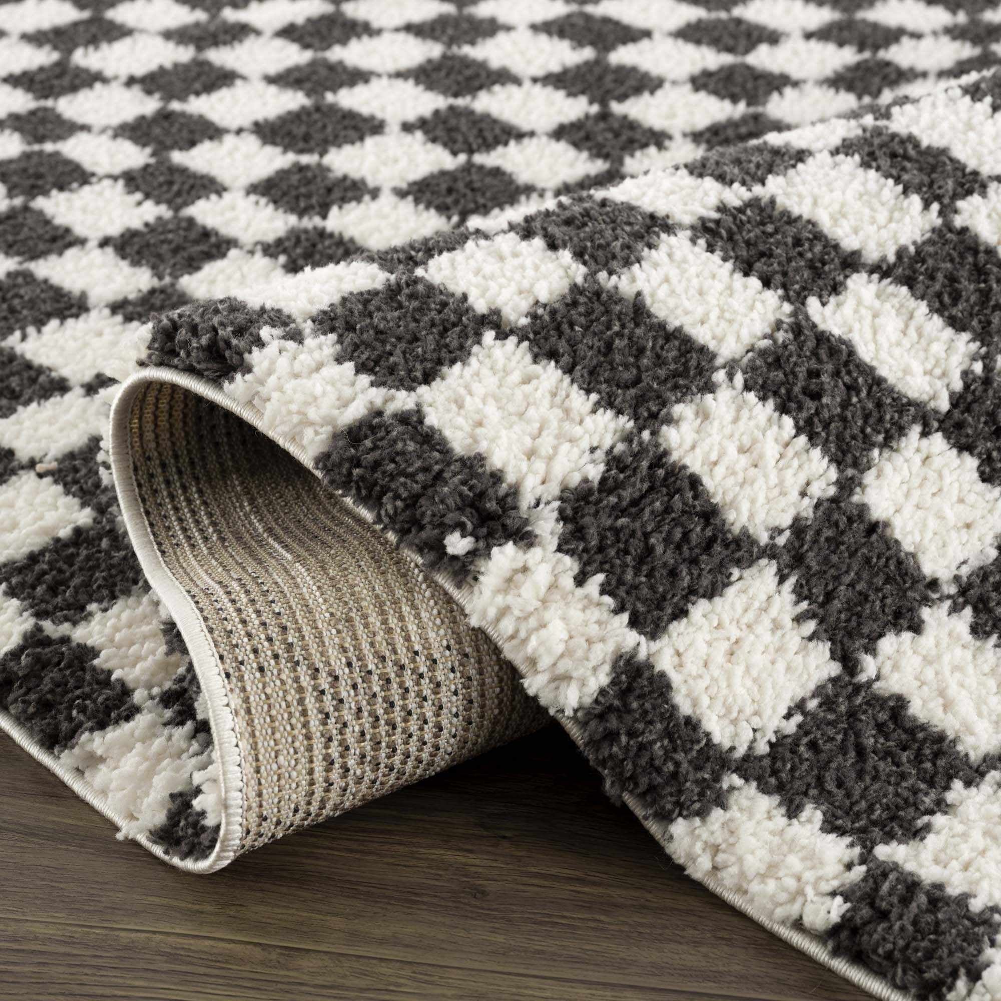Hauteloom Kieu Contemporary Checkered Fluffy Shag Runner Rug - Modern Geometric Soft Carpet Tiles for Hallway, Kids Room, Nursery - Black, White - 2'7" x 7'3"