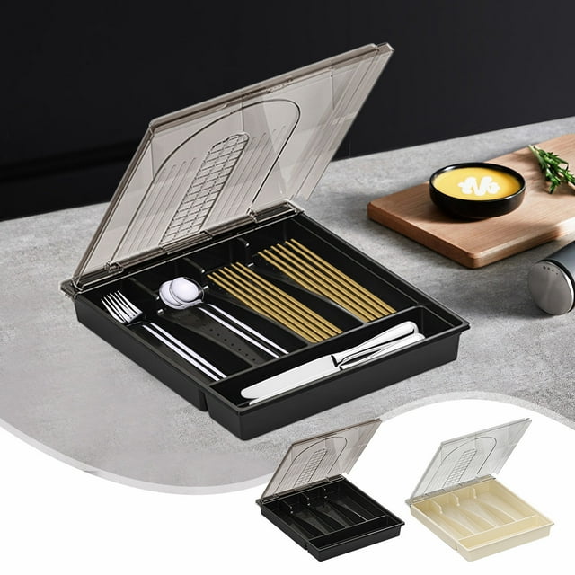Xihbxyly Organizador de Cubiertos con Cajón y Tapa, Bandeja Dividida de Gran Capacidad, Fácil de Limpiar, Diseño Compacto, Ideal para Cocina y Picnic, Plástico Blanco, 35 X 29 X 6,2 Cm.