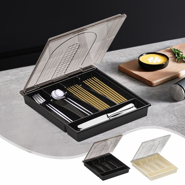 Organizador de cubiertos de plástico con tapa, bandeja de utensilios de mesa de 5 compartimentos para cocina y exterior