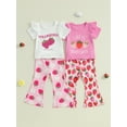 thumbnail image 3 of Baby Toddler Kids Girl Summer Outfits 6 12 18 24 Months 2T 3T 4T Strawberry Print Flying Sleeve T-Shirt and Elastic Flare Pants Cute 2 Piece Clothes Set, 3 of 9