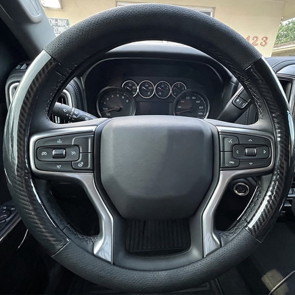 JJMY PU Leather Car Steering Wheel Cover Fit for Ford F150 F250 F350 Super Duty 15.5-16 inch