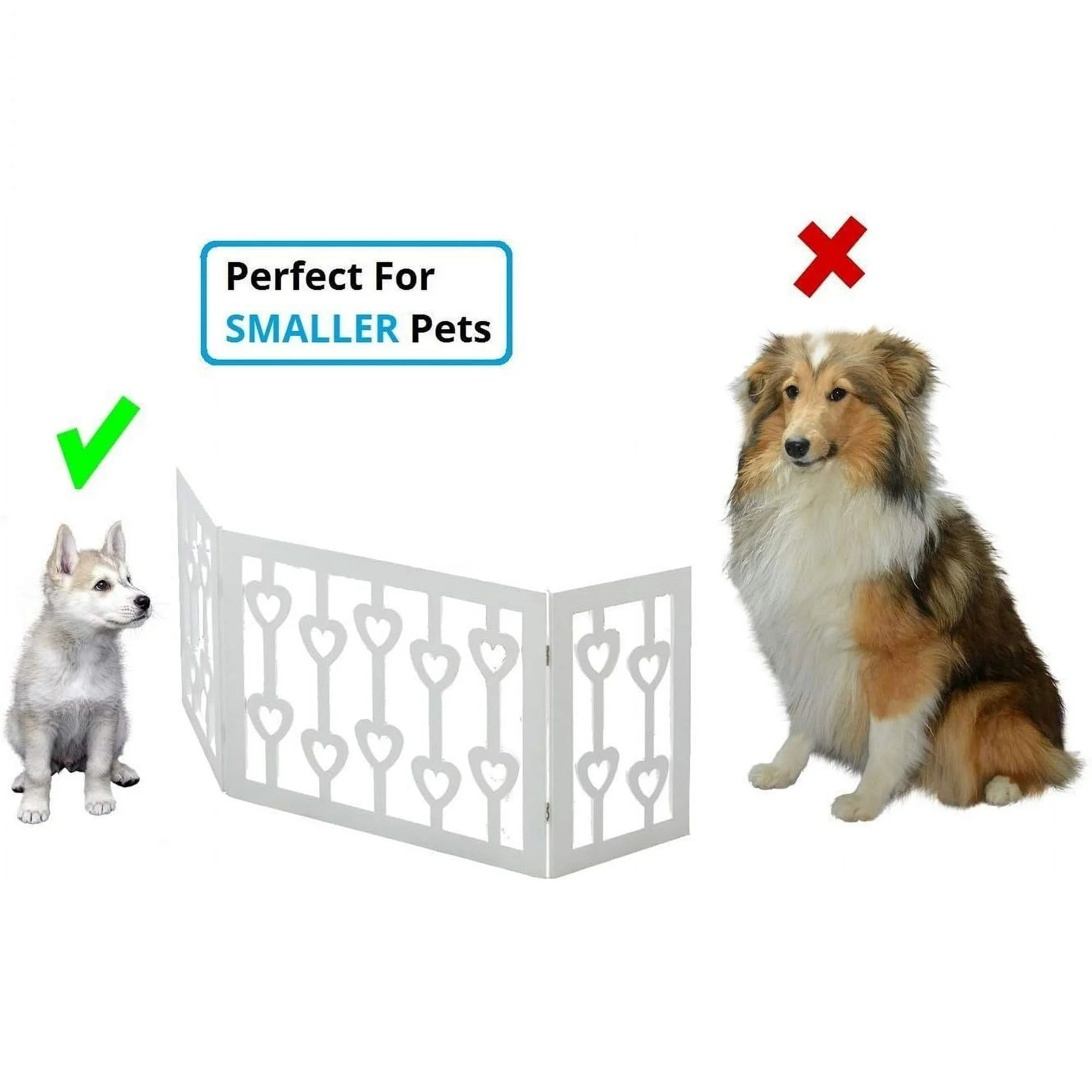 White Pet Gate - 3 Panel Wooden Hearts Design Dog Gate - Freestanding Tri Fold Durable Wood Dog Fence - Indoor/Outdoor Barrier for Stairs & Doorways