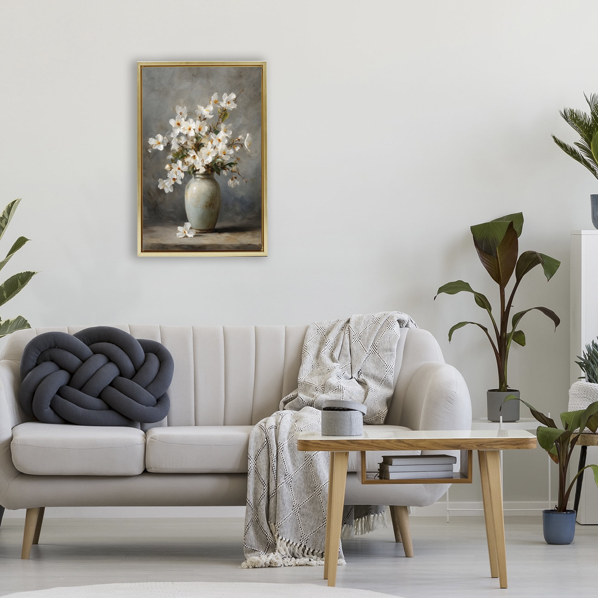 Stupell Industries Full White Flowers in Vase Gold Framed Floater Canvas Wall Art, design by Petal Prints Design