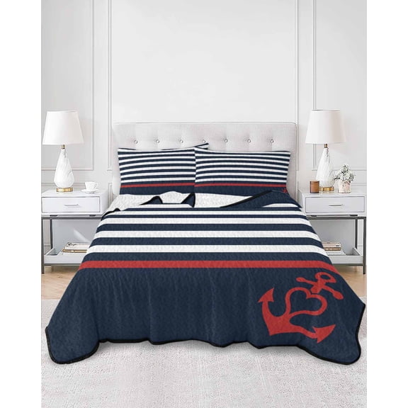Quilts King Size, Anchor Navy Blue Soft Comforter Bedding Set for Bed, Red Nautical White Geometric Stripes Lightweight Quilted Bedspread with Pillow Cover(2 Pieces) for All Season, 96x106 Inch