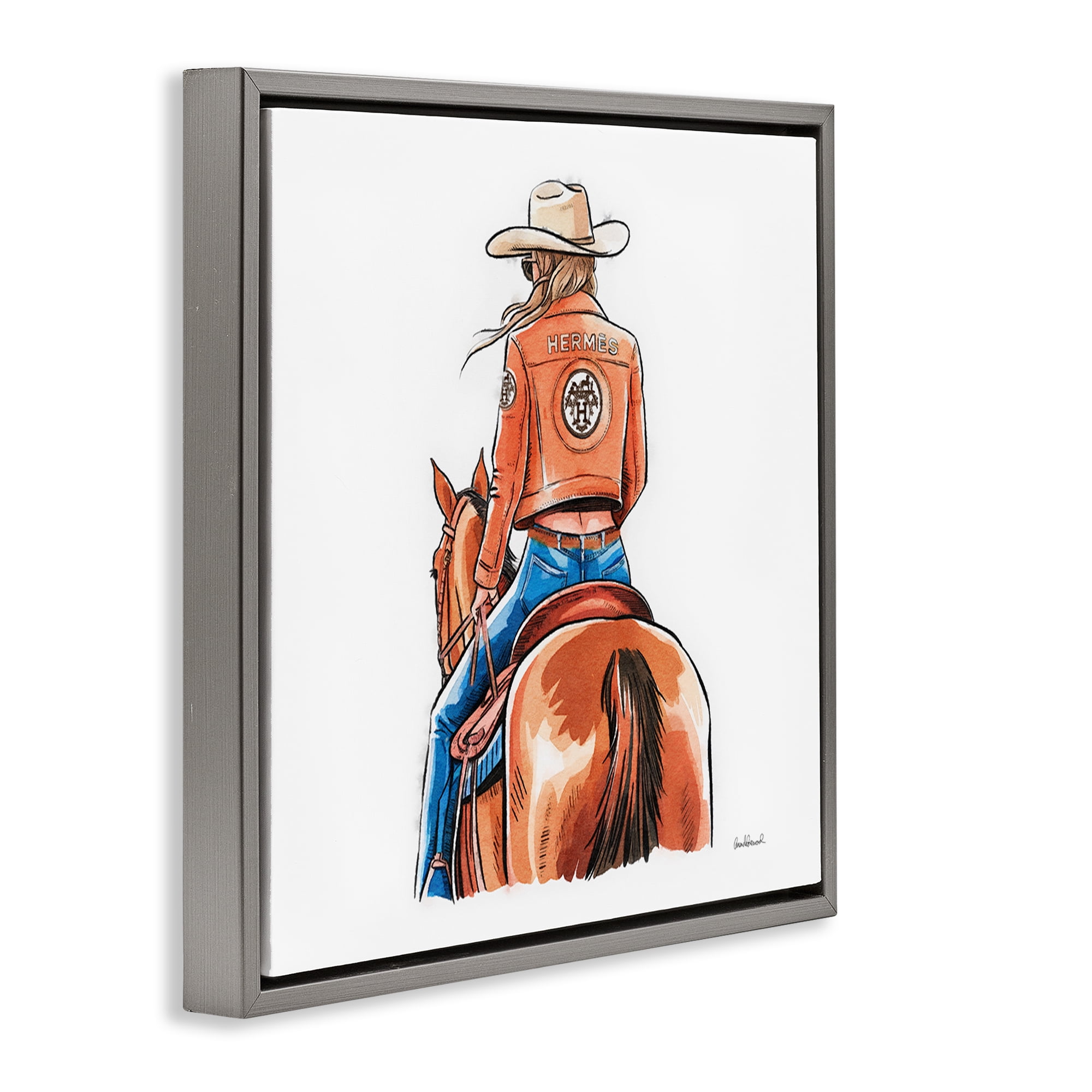 Stupell Industries Fashionable Chic Cowgirl People Painting Gray Floater Framed Canvas Art Print Wall Art, 25 x 25