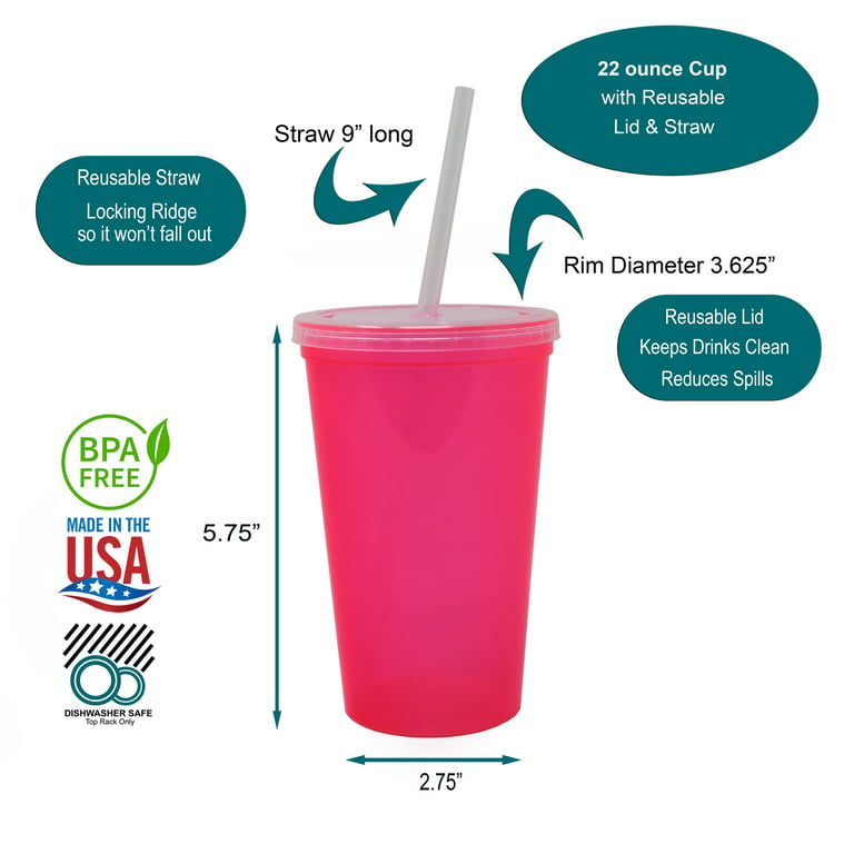 Rolling Sands 22 oz Reusable Plastic Cups with Lids, 10 Pack, USA Made  Clear Tumblers; Includes 10 Reusable Straws; Dishwasher Safe 