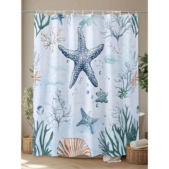 Sea Starfish Seaweed Coral Shower Curtain Set, Waterproof Shower Curtains With Grommet Hooks, Summer Blue Ocean Privacy Bathroom Curtain for Bathtub 72x72IN