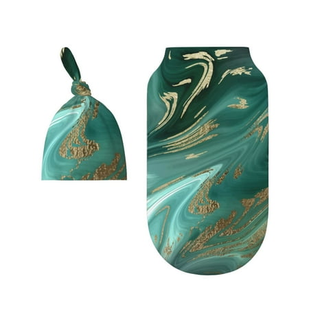 

Wukai Green And Gold Marble Newborn Swaddle Set 100% Cotton Matching Headband and Beanie Set